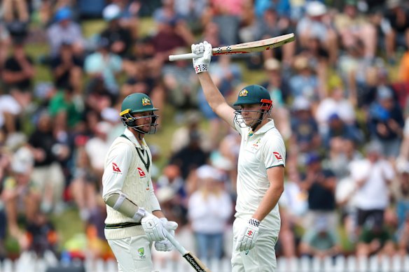 Cameron Green celebrates his 150 in the first Test against New Zealand last year.
