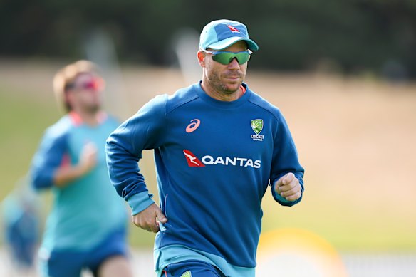 David Warner trains at Wellington’s Basin Reserve on Monday.