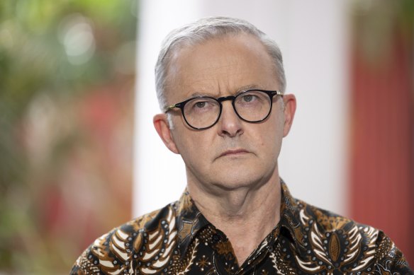 Australian Prime Minister Anthony Albanese addresses the media at a doorstop interview after a visit to Hasanuddin University in Makassar, Indonesia, on Tuesday.