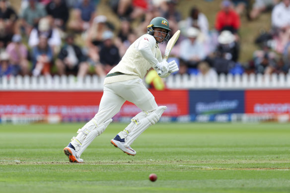 Scoring shots have been few and far between for Usman Khawaja on a green Wellington pitch.