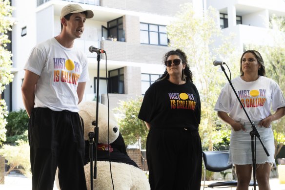 From left: Yes campaigners Connor Shaw, Bridget Cama and Allira Davis at the launch of #RingYourRellos on Wednesday.