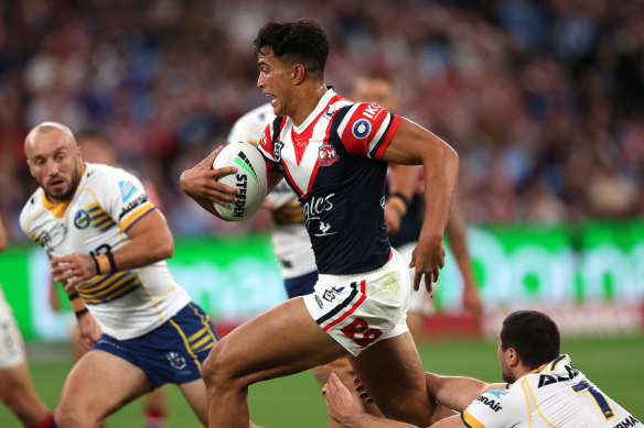 Joseph Suaalii makes a break against the Eels on Thursday.