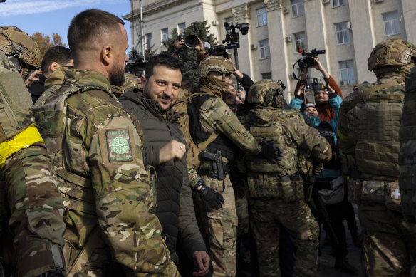Ukrainian President Volodymyr Zelensky makes a surprise visit to Kherson on November 14, after Russia’s withdrawal.