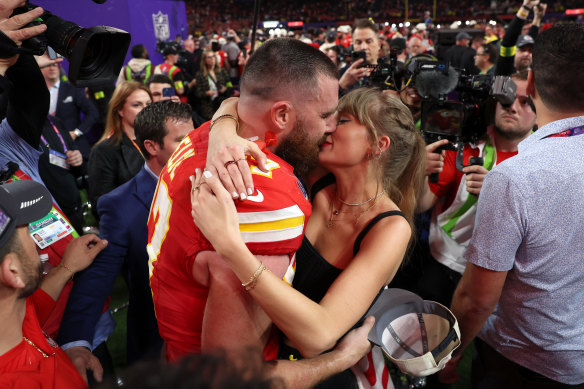 Travis Kelce and Taylor Swift celebrate the Kansas City Chiefs’ win in the Super Bowl.