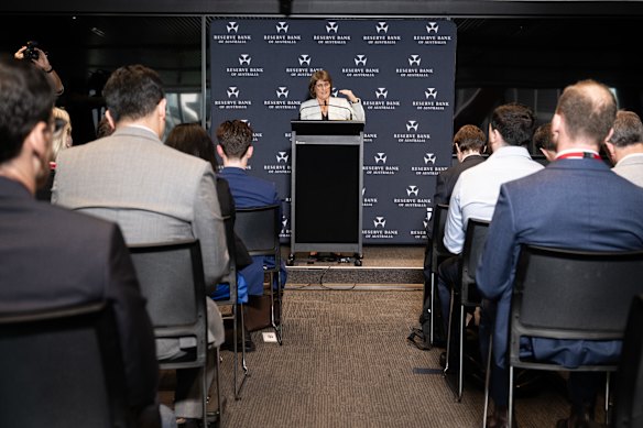 Michele Bullock faces journalists at her Tuesday press conference.