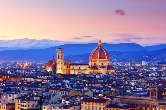 Florence and its cityscape with the Duomo Santa Maria Del Fiore at sunset.

