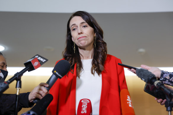 NZ Prime Minister Jacinda Ardern speaks to media before a Labour Party caucus meeting that expelled MP Guarav Sharma.