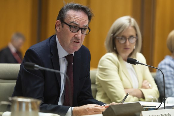Secretary to the Treasury Dr Steven Kennedy and Finance Minister Katy Gallagher during a Senate estimates hearing this morning.