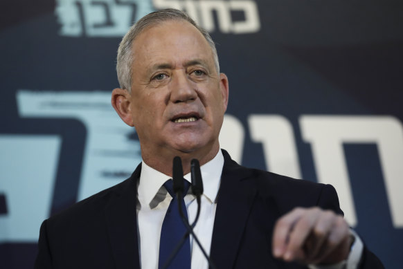 Blue and White party leader Benny Gantz talks makes his case for running the Israel government in Tel Aviv on Saturday.