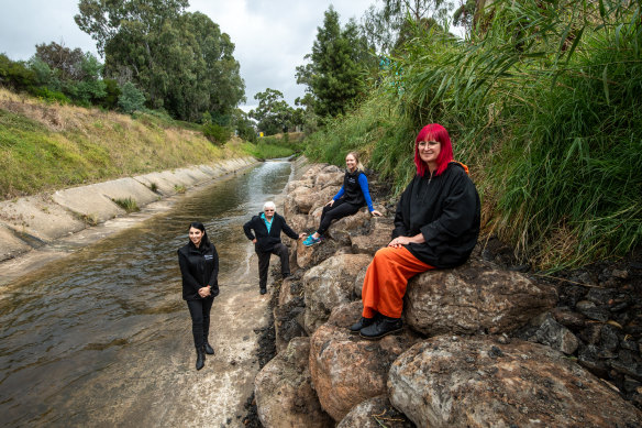 From left to right: Moonee Valley City councillor Ava Adams, Friends of Moonee Ponds Creek member Anna Lanigan, Moonee Valley City deputy mayor Samantha Byrne and  Friends of Moonee Ponds Creek member Nina Franceschi.