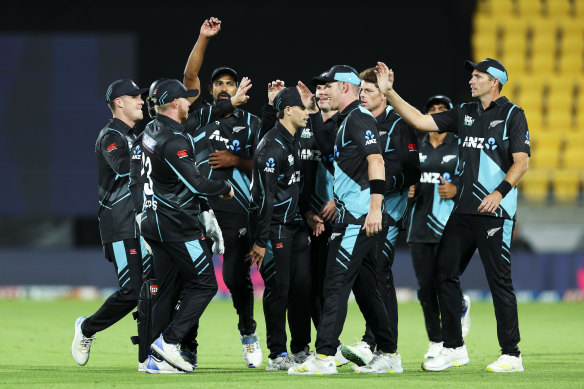 New Zealand celebrate wicket in Wellington