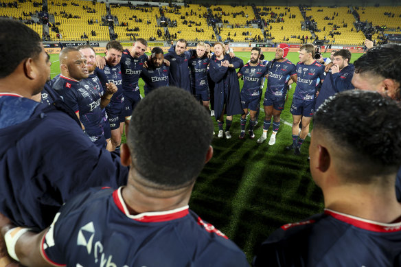 The Rebels form a huddle at the end of their final Super Rugby game.