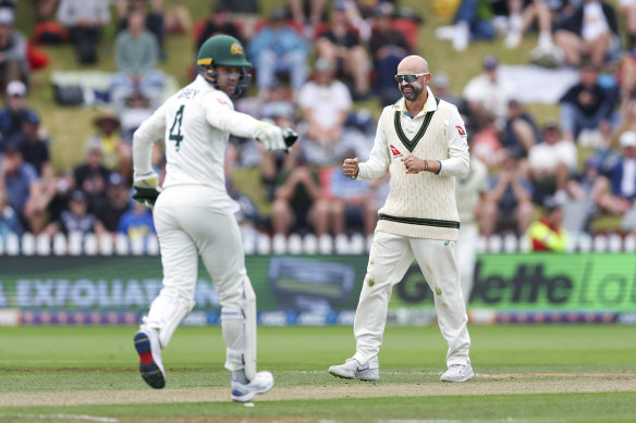 Nathan Lyon celebrates Glenn Phillips’ wicket.