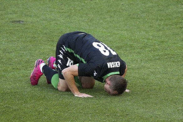 Western United striker Besart Berisha celebrates after scoring a goal against Wellington. 