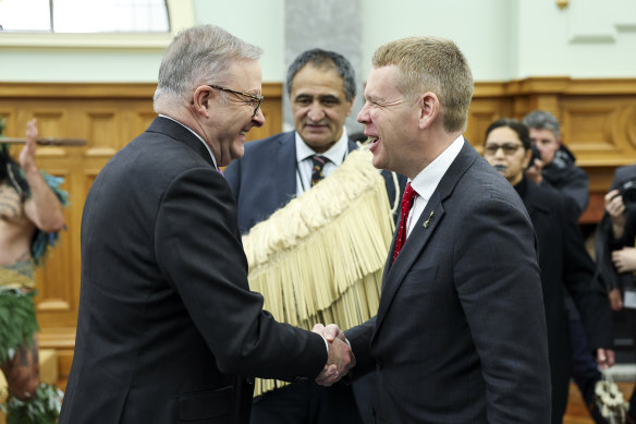 New Zealand Prime Minister Chris Hipkins (right) greets Australian Prime Minister Anthony Albanese. 