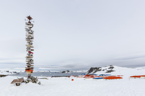 A signpost at one of Antarctica’s 76 research stations: there are 40 year-round and 36 in summer. They are ostensibly there for research but also to tacitly shore up territorial claims or ambitions.