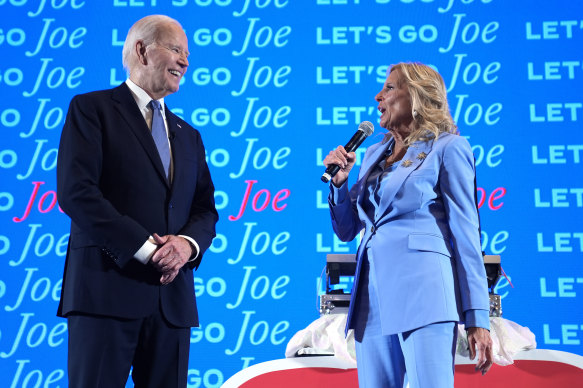 President Joe Biden and first lady Jill Biden speak at a presidential debate watch party.