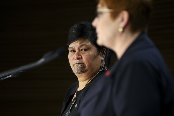 NZ Minister of Foreign Affairs Nanaia Mahuta (left) looks on as Australian Foreign Minister Marise Payne speaks to media during a press conference in Wellington.