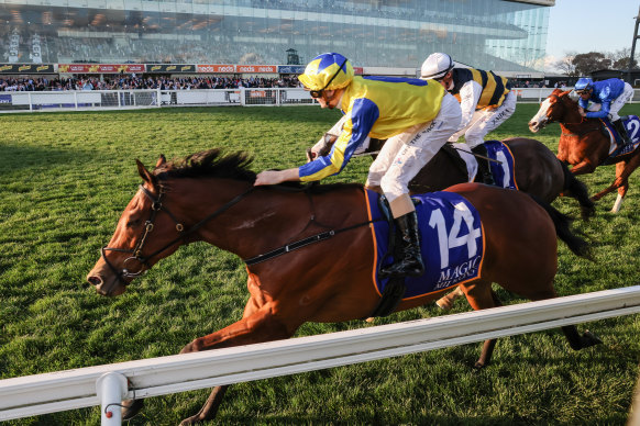 Snapdancer takes the win in the Memsie Stakes at Caulfield with Ethan Brown on board.