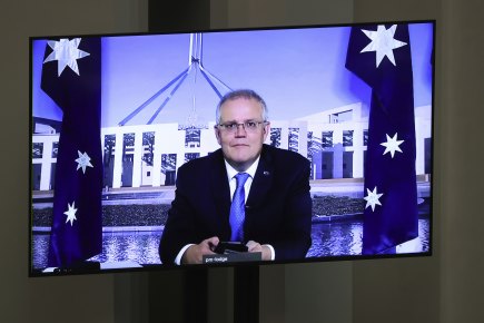 Prime Minister Scott Morrison seen via video conference during Question Time.
