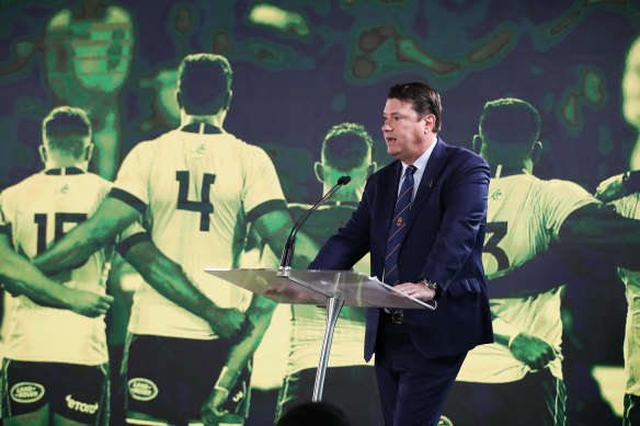 Rugby Australia chairman Hamish McLennan speaking at a 2027 Rugby World Cup bid function. 