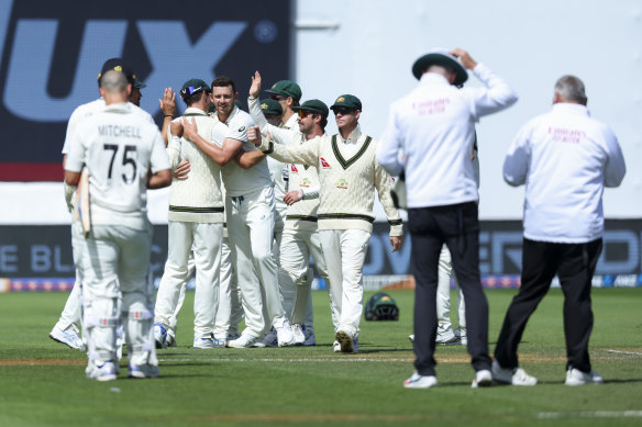 Australia celebrate winning the first Test