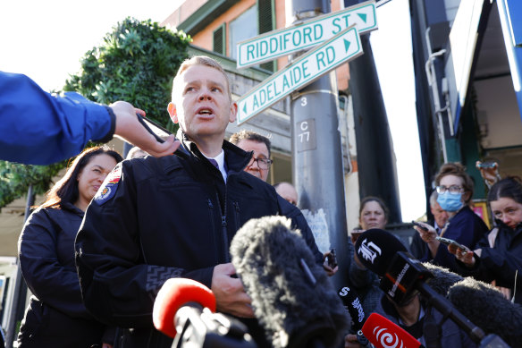 NZ Prime Minister Chris Hipkins speaks to media after the fire at Loafers Lodge in Wellington.