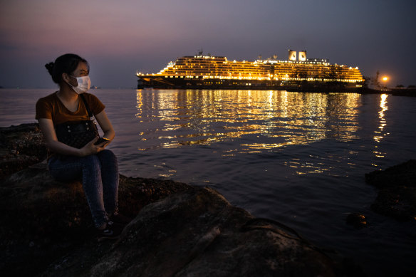 The cruise ship docked in Sihanoukville, Cambodia, where some passengers, including 10 Australians, remain on board.