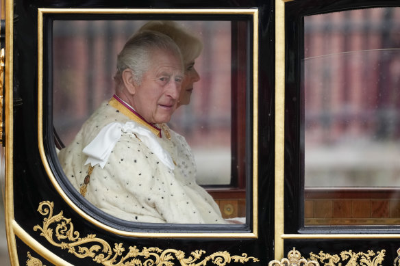King Charles III and Camilla, Queen Consort travelling in the Diamond Jubilee State Coach.