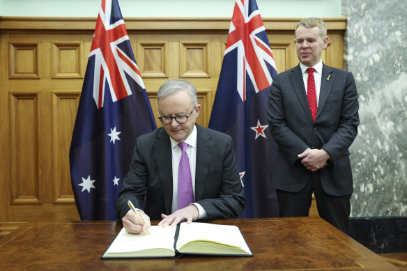 Prime Minister Anthony Albanese alongside Prime Minister Chris Hipkins on his first official visit to New Zealand.