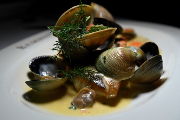 Line-caught snapper fillet with mussels, diamond clams, pippies and Yarra Valley salmon roe.