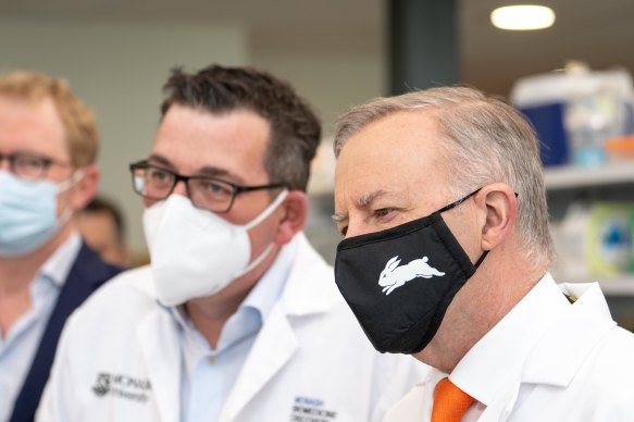Prime Minister Albanese alongside Victorian Premier Daniel Andrews at Monash University this morning.