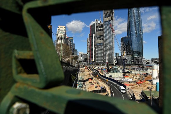 Construction at Central Barangaroo, the final piece in the urban renewal project that sits between the Crown tower and the headland park.
