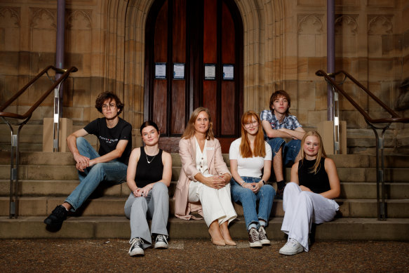 St Andrew’s Cathedral School principal Dr Julie McGonigle and students Max McDermott, Liv Morrison, Bronte Critchley, Hannah Monaghan and Leon Street-Wilcken.