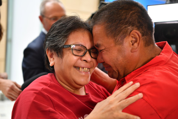 Maria Exposto arrives at Sydney Airport for an emotional reunion with her brother John.