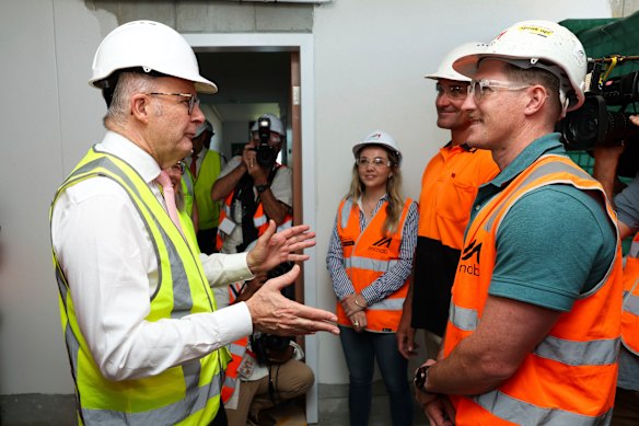 Prime Minister Anthony Albanese during a visit to a housing project in the electorate of Griffith, Queensland.