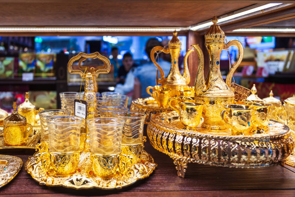 Traditional Arabic tea set at Dubai International Airport.