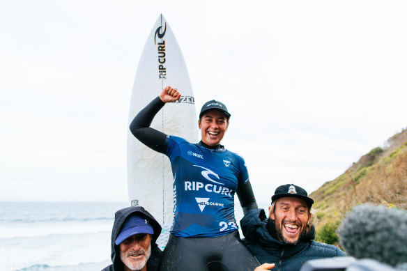 Tyler Wright celebrates at Bells Beach. 