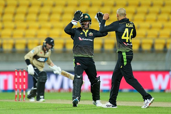 Ashton Agar celebrates one of his six wickets with Matthew Wade.