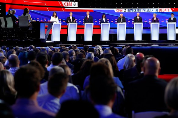 The Democratic presidential contenders line up for the debate, hosted by CNN and the New York Times.