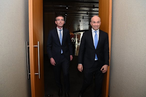 NSW Premier Dominic Perrottet, left, and NSW Treasurer Matt Kean, who was announced as the new  state Liberal deputy leader on Tuesday.