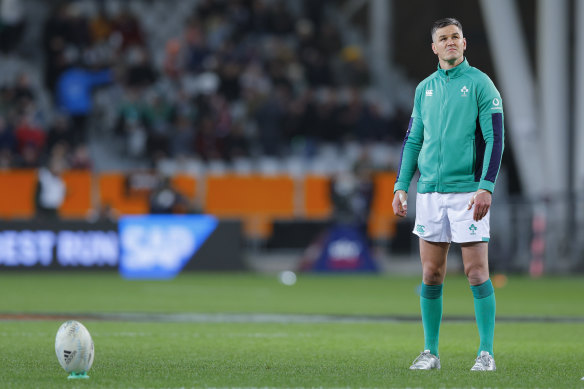 Ireland’s Johnny Sexton lines up a kick against New Zealand.