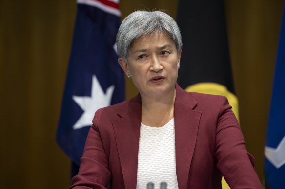 Foreign Minister Penny Wong says: “ultimately peace, security for Israel will only be achieved if we have a Palestinian state alongside Israel”.