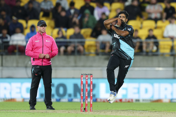 Sodhi of New Zealand bowls in Wellington