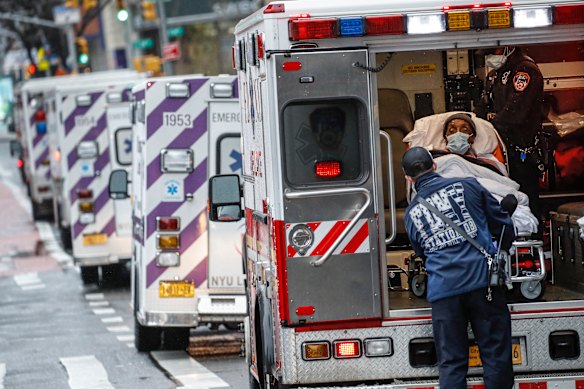 Ambulances line up to deliver patients to the NYU Langone Medical Centre in New York on April 13. While New York has managed to contain the virus, infections are still rising in more than 20 states.