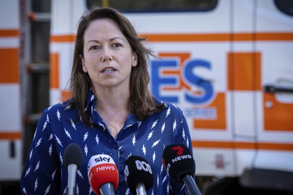 Emergency Services Minister Jaclyn Symes speaks last month.