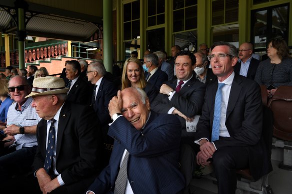 Cricket commentator Jim Maxwell (2nd from left), former Australian prime minister John Howard (3rd from left) and NSW Premier Dominic Perrottet (behind Howard) during the memorial service of Alan Davidson.