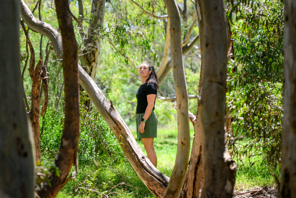 La Trobe University researcher Jacinta Humphrey, pictured at Banyule Flats, says Melbourne’s native forest birds need more help to combat the aggressive native noisy miner. 