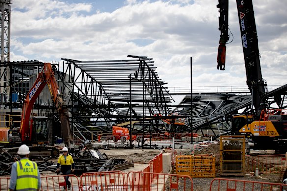 The Kew Recreation Centre development after its roof collapsed in October 2022, prompting ongoing investigations and legal action over who or what is to blame.