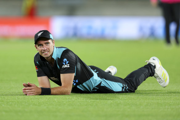 Tim Southee reacts after missing a catch